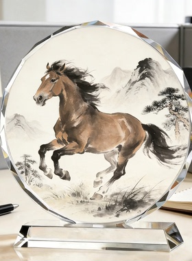 圆形水晶奔马摆件千里骏马图画亲友馈赠马年吉祥文艺轻奢桌面摆台