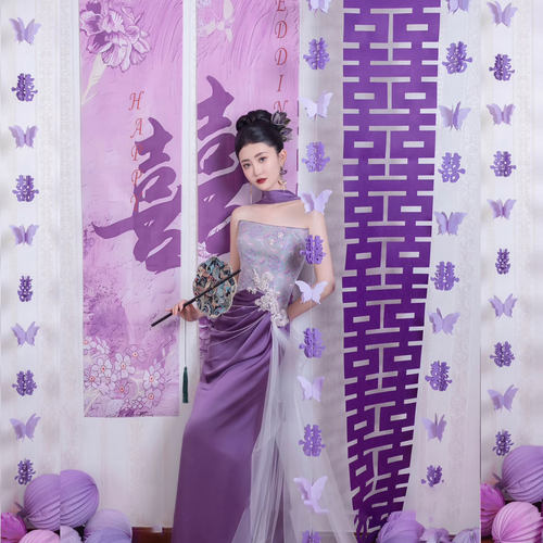 紫色婚房布置套装长条喜字窗帘蝴蝶装饰贴挂饰新婚礼女方卧室结婚