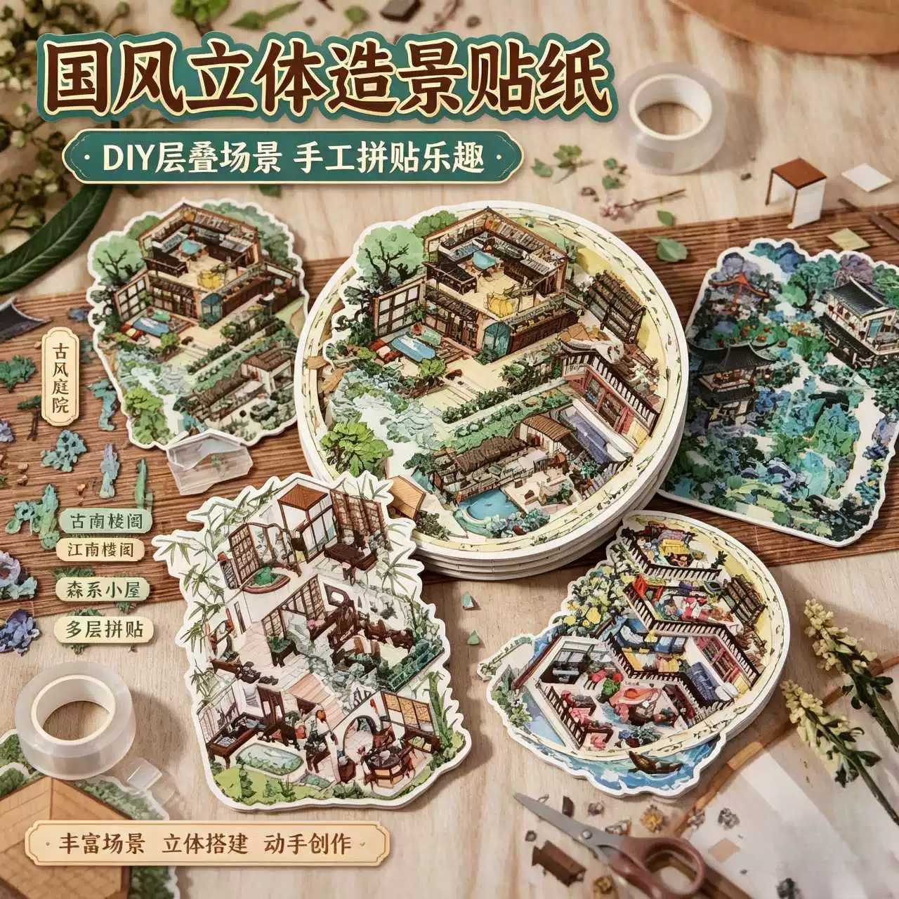 高难度国风3D立体小屋贴纸|中式