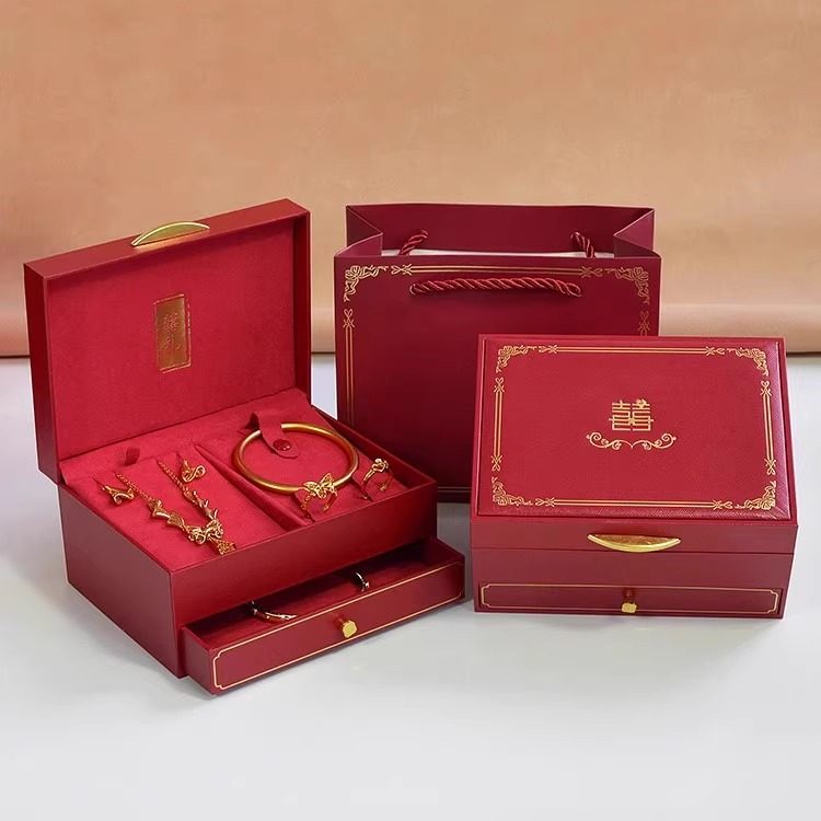彩礼三金盒子订婚首饰礼盒结婚嫁妆五金首饰盒子戒指手镯项链黄金