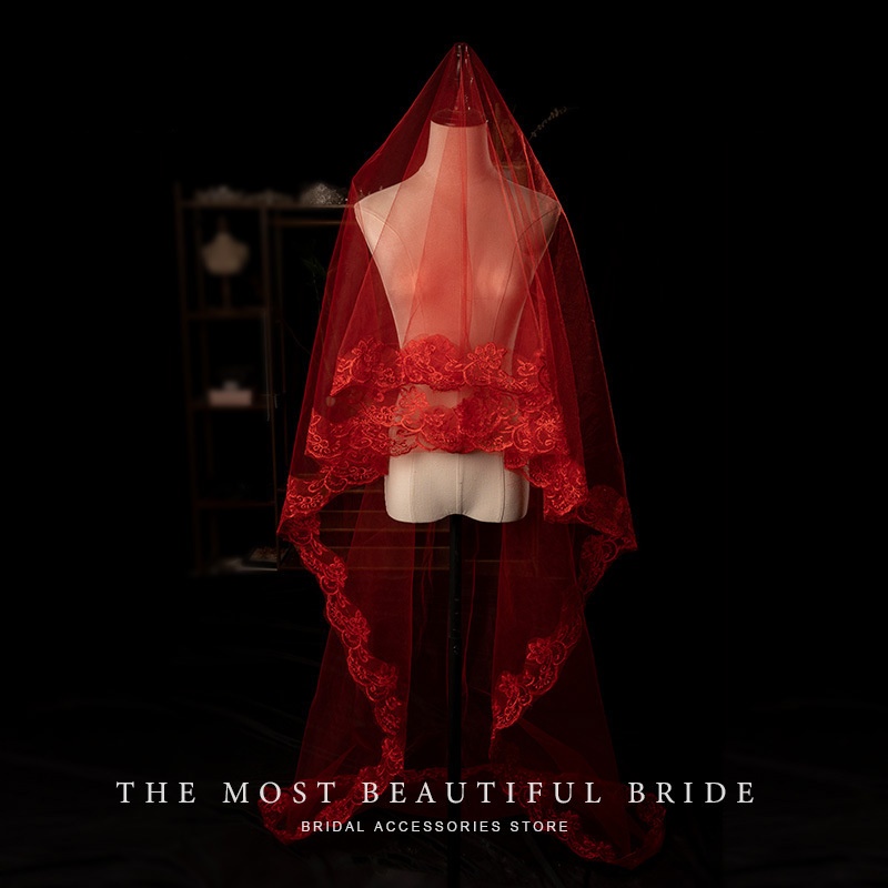 红盖头结婚新娘法式复古蕾丝花边头纱主婚纱拖尾结婚纯白头纱盖头