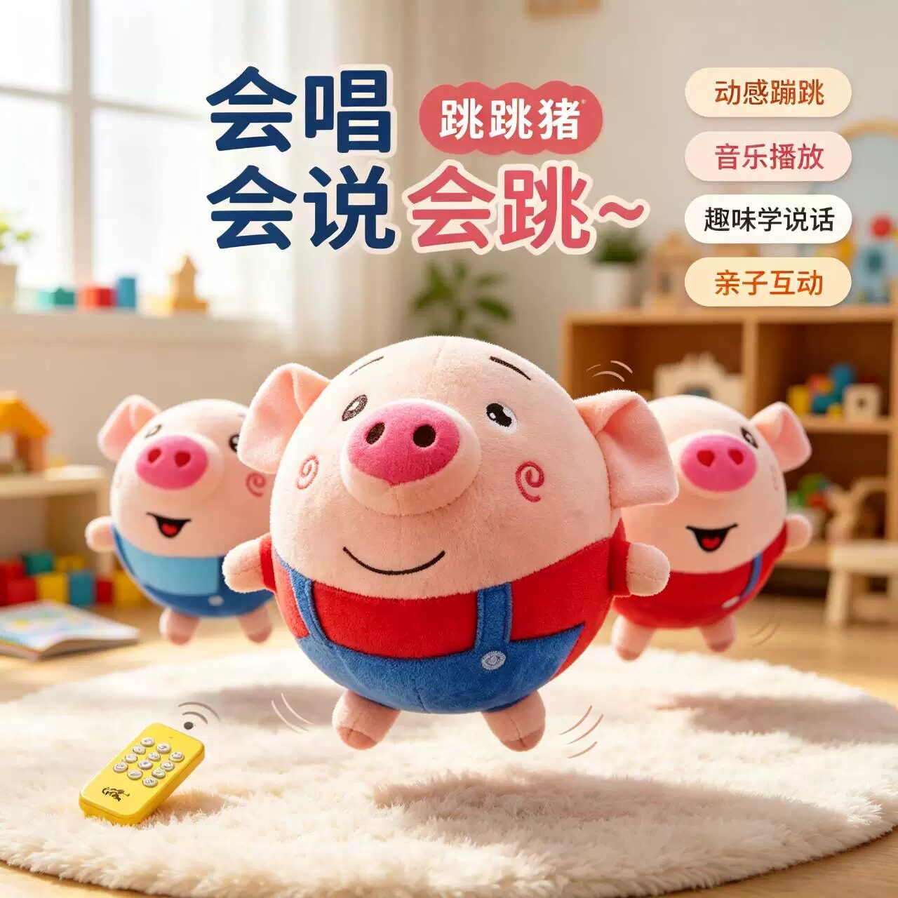 音乐跳跳球宝宝哄娃神器跳跳猪学说话会唱歌婴儿益智玩具毛绒玩偶