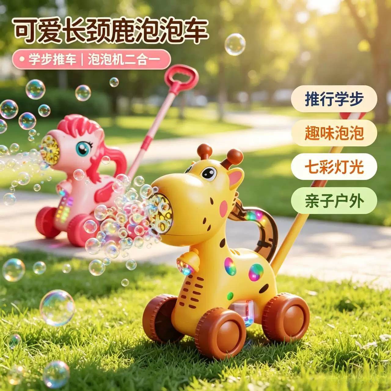 儿童户外小马长颈鹿泡泡手推车
