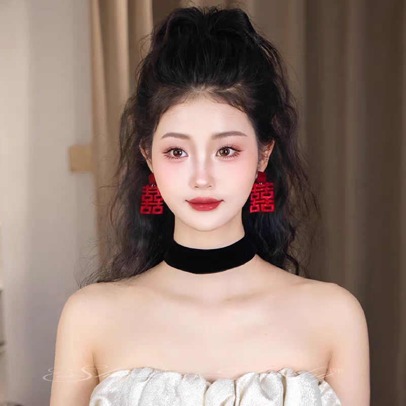 喜字耳饰新款新娘耳环红色双囍耳钉新中式结婚礼服敬酒服耳坠耳饰