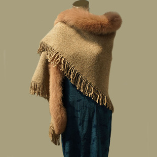 新款真狐狸毛领针织仿羊毛披肩秋冬女保暖三角巾流苏护颈斗篷围巾