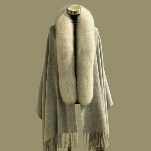 纯羊毛披肩加长狐狸毛领秋冬女旗袍结婚礼服外搭流苏格子皮草斗篷