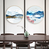 New Chinese style Ink landscape Buddhist mood circular Decorative painting Chinese style solid wood Frame painting Tearoom Hanging picture a living room mural