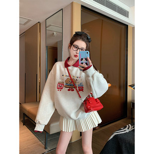 撞色polo领卡通套头休闲上衣女春季2025新款学院风洋派减龄小个子