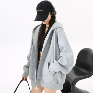宽松连帽运动衫女韩系慵懒风2025新款长袖外套灰色拉炼开衫上衣春