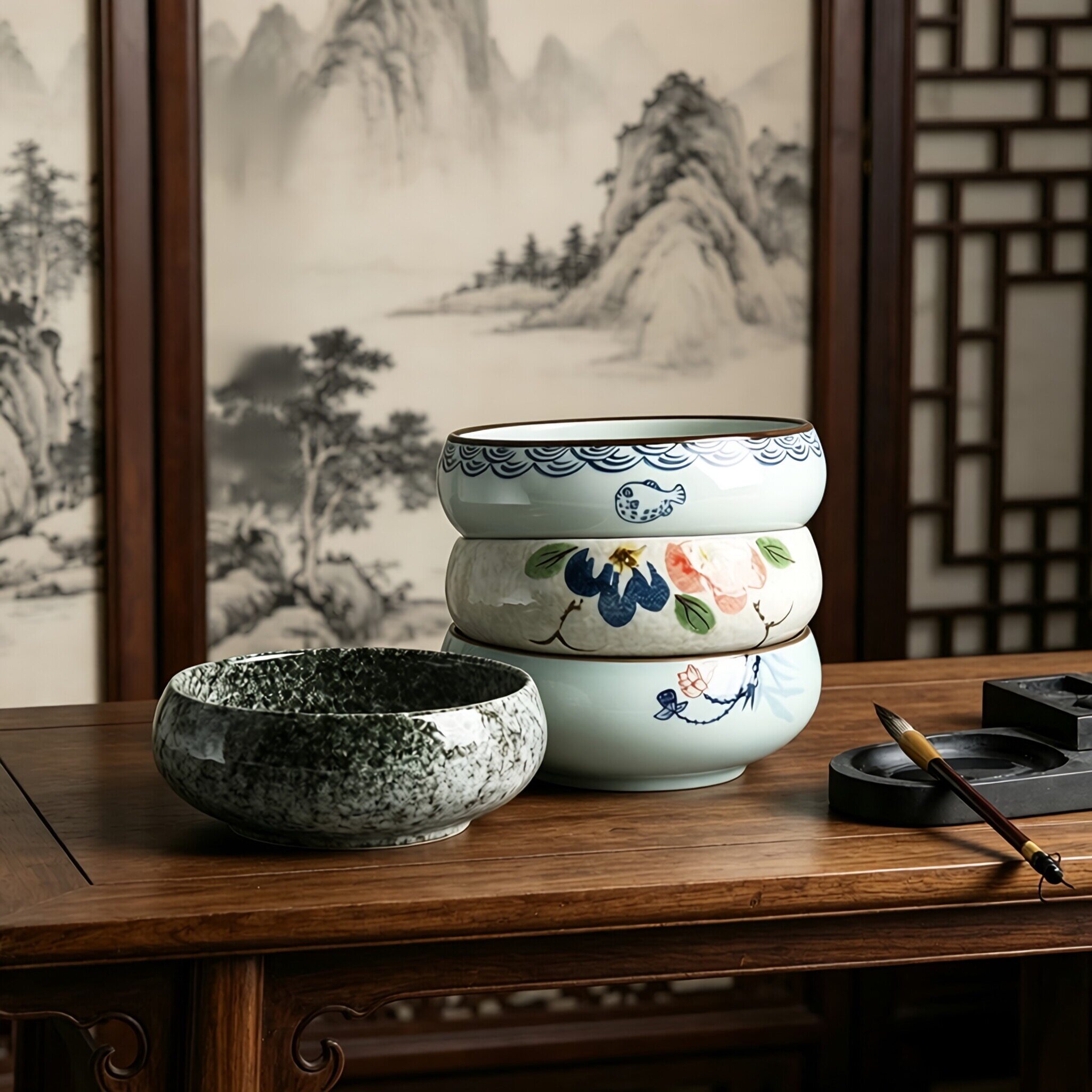笔洗毛笔水盂文房四宝茶洗杯洗手绘陶瓷水浅茶洗水盂海鱼瓷笔洗
