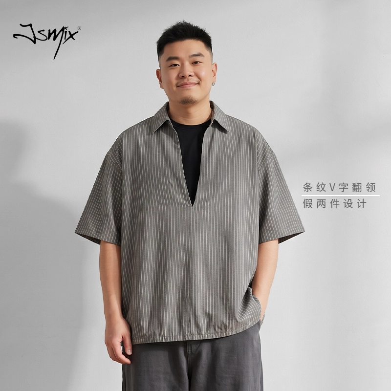 Jsmix假两件条纹大码男装短袖t恤2026夏男款宽松V领加肥加大上衣