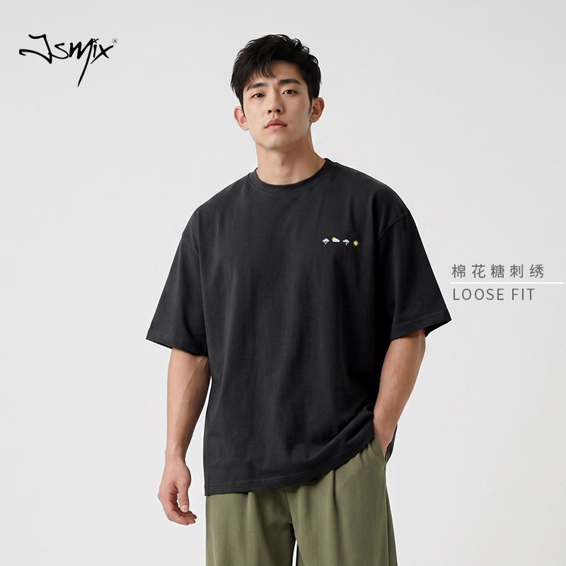 Jsmix【棉花糖】黑色刺绣大码男士短袖t恤2026夏男款加肥宽松上衣