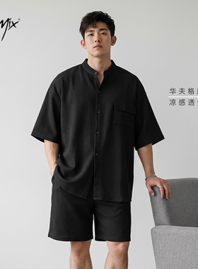 Jsmix黑色华夫格衬衫短裤大码男士套装2026夏男款薄款加大两件套