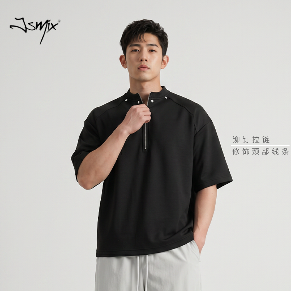 Jsmix潮牌半拉链铆钉大码男士短袖t恤2026夏男款加大加肥百搭上衣 - 实物图