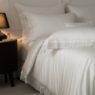 白色蕾丝65%棉35%天丝法式床单款高档纯色简约花边四件套2米被套