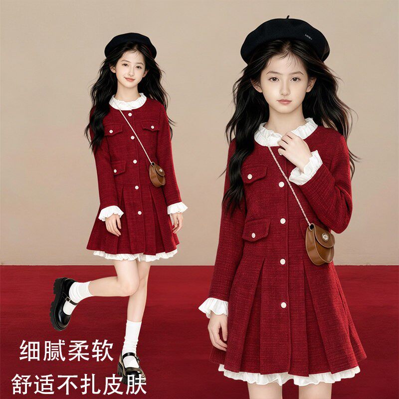 女童小香风洋装2026新款冬儿童富家千金感裙子女孩红色新年衣服