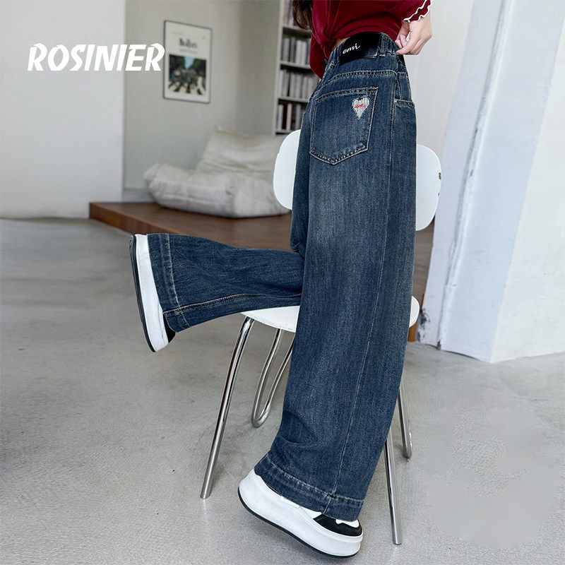 韩国ROSINIER女童裤子2025新款中大童秋冬季加绒牛仔裤儿童阔腿裤