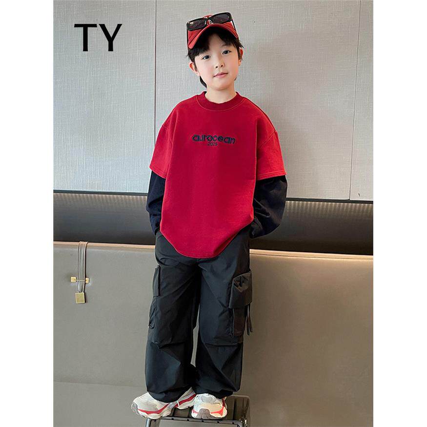 韩国TY童装潮牌男童红色长袖T恤2025新款春季儿童拼袖假两件年装