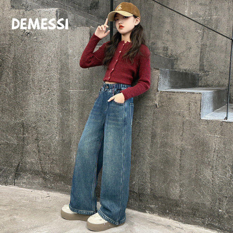 韩国DEMESSI女童加绒牛仔裤冬季2026新阔腿长裤直筒裤子加厚保暖