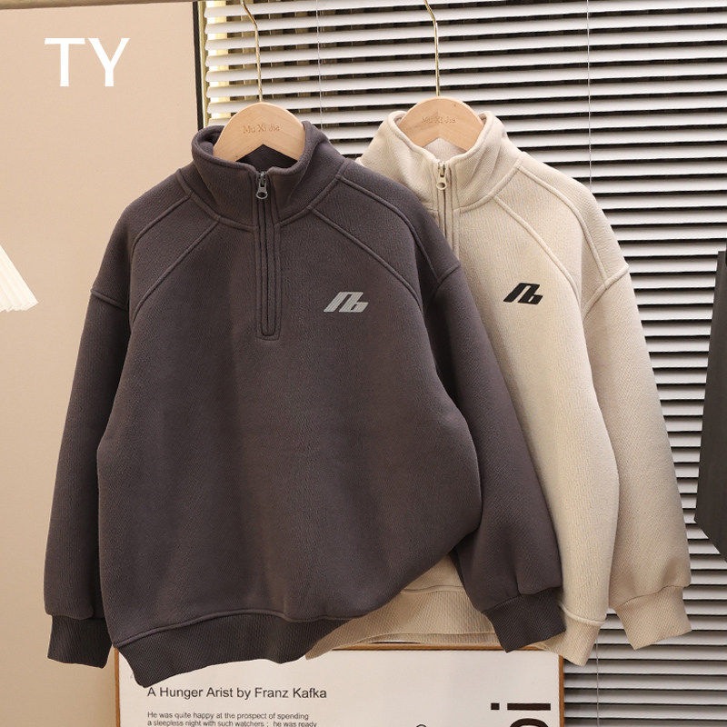 韩国TY童装潮牌男童加厚卫衣2026新款冬装中大孩儿一体绒红色年服