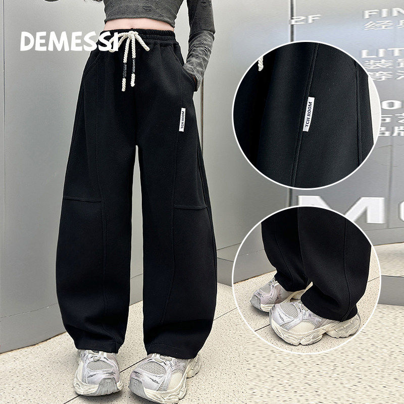 韩国DEMESSI女童加绒阔腿裤冬装2026新款卫裤加厚保暖直筒运动裤