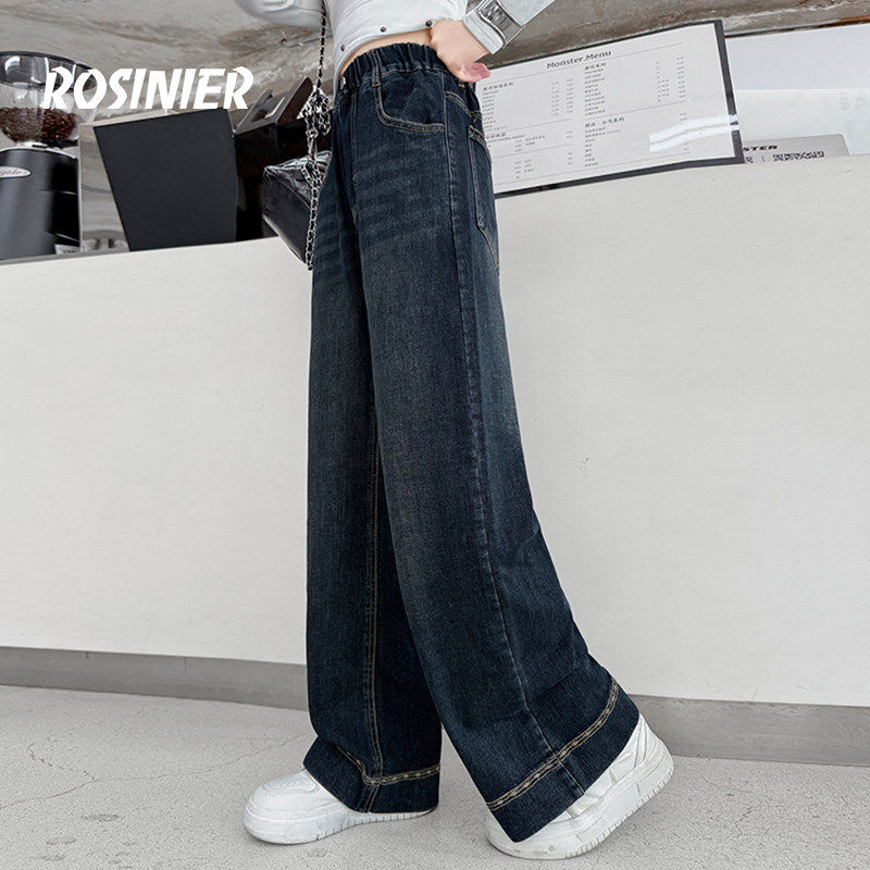 韩国ROSINIER女童裤子2025新款中大童秋冬季加绒牛仔裤儿童阔腿裤