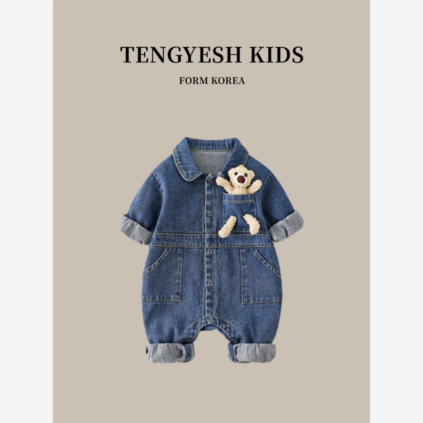 韩国TENGYESH婴儿衣服春秋季男女宝宝牛仔连体衣可爱超萌哈衣爬服