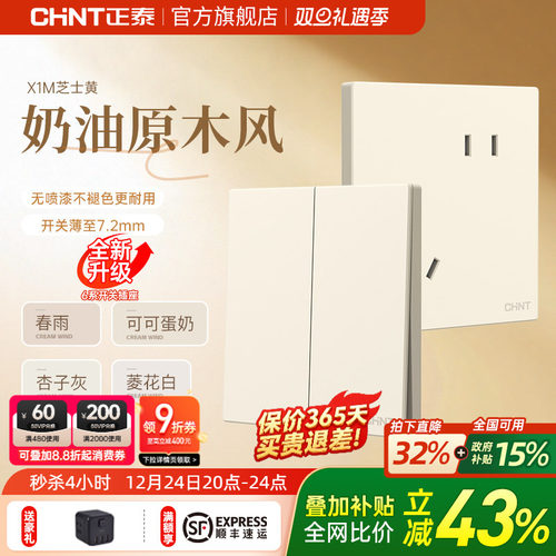 正泰旗舰店奶油风哑光墙壁插座