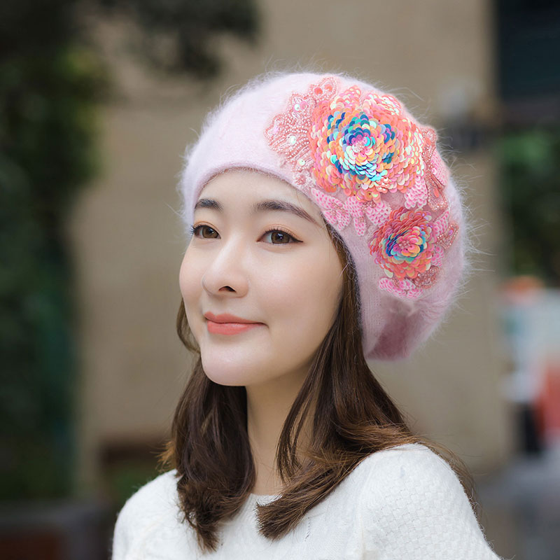 毛线帽女士米珠亮片立体刺绣国风