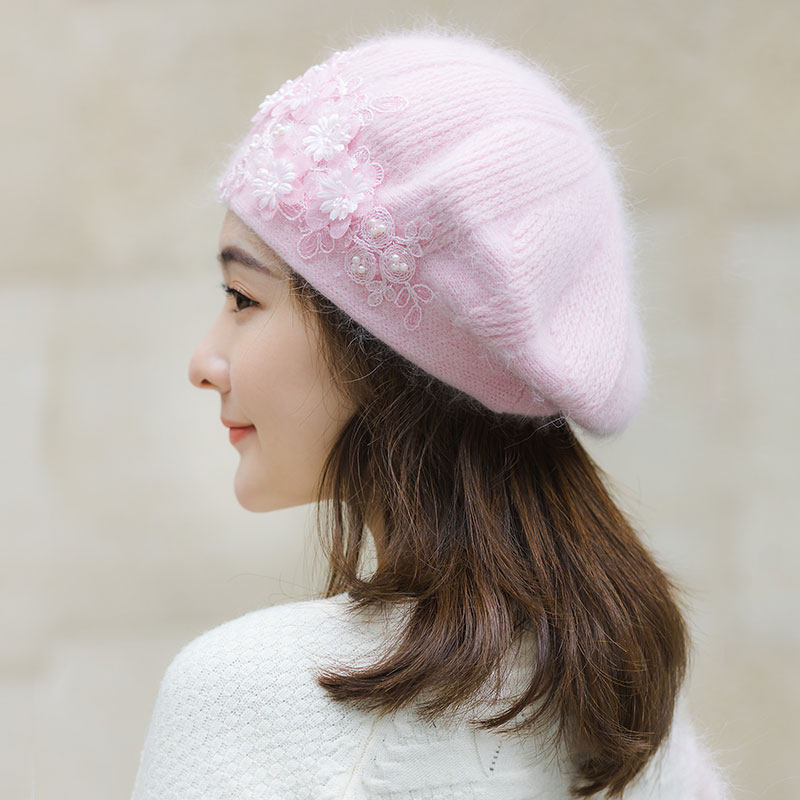 贝雷帽女秋冬季浅粉色蕾丝珠花长兔毛毛线针织画家帽保暖甜美冬帽