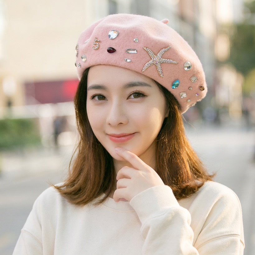 秋冬女士百搭羊毛呢帽子贝雷帽复古时尚水钻装饰南瓜帽日系八角帽