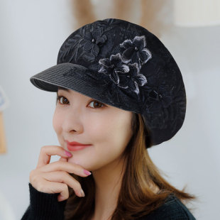 春夏季八角帽子女文艺复古花朵贝雷帽女中老年妈妈画家帽女遮阳帽