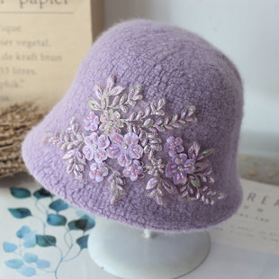 日系手工缝珠刺绣渔夫帽女秋冬保暖甜美气质显脸小紫色羊毛盆帽子