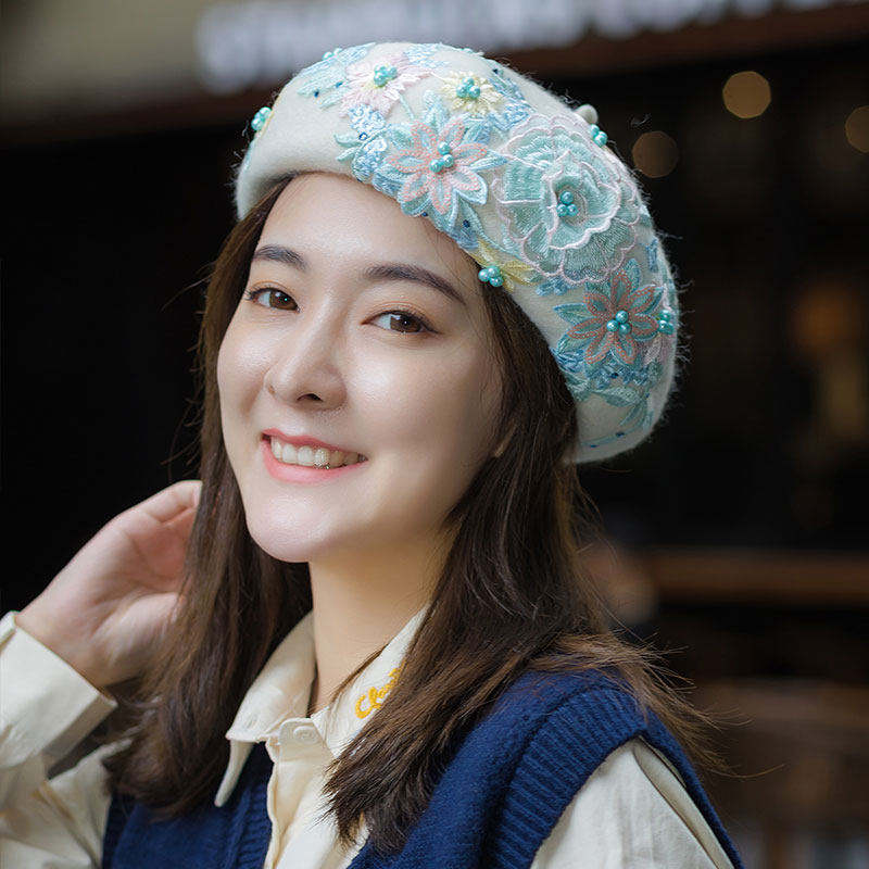 重工刺绣花钉珠羊毛呢贝雷帽中国风帽子复古百搭民国风文艺画家帽