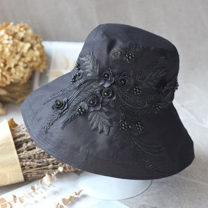 黑色渔夫帽女夏时尚手工刺绣帽子防晒帽遮脸太阳帽防紫外线遮阳帽