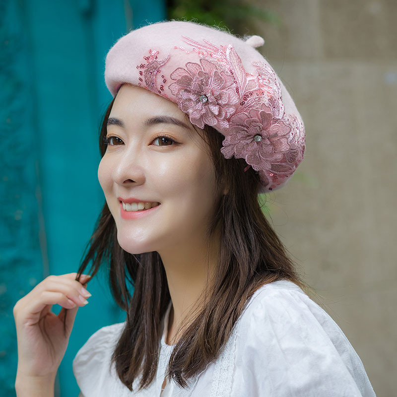 贝雷帽女士羊毛呢蓓蕾秋冬日系画家帽粉色英伦复古水钻刺绣八角帽