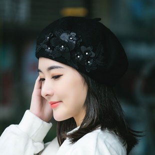 新款帽子女冬天韩版黑色画家帽蕾丝刺绣花朵手工水钻羊毛呢贝雷帽