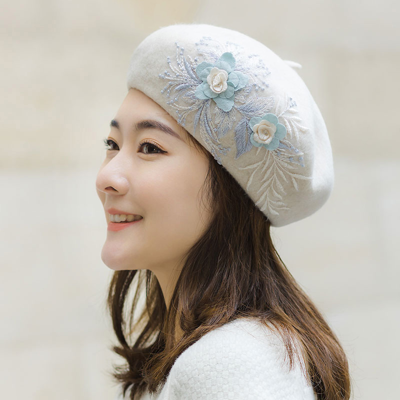 贝雷帽女秋冬复古韩版逛街蕾丝刺绣立体花朵蓓蕾帽时尚画家帽优雅