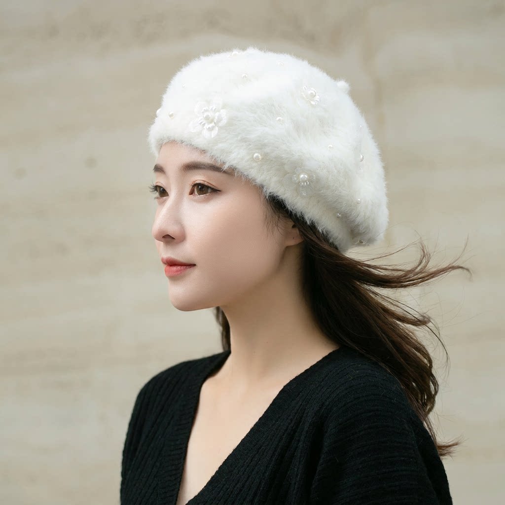 网红森女珍珠欧根纱兔毛毛画家帽