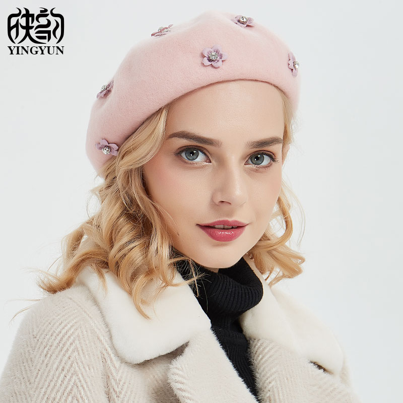 秋冬休闲风花朵粉色羊毛呢画家帽