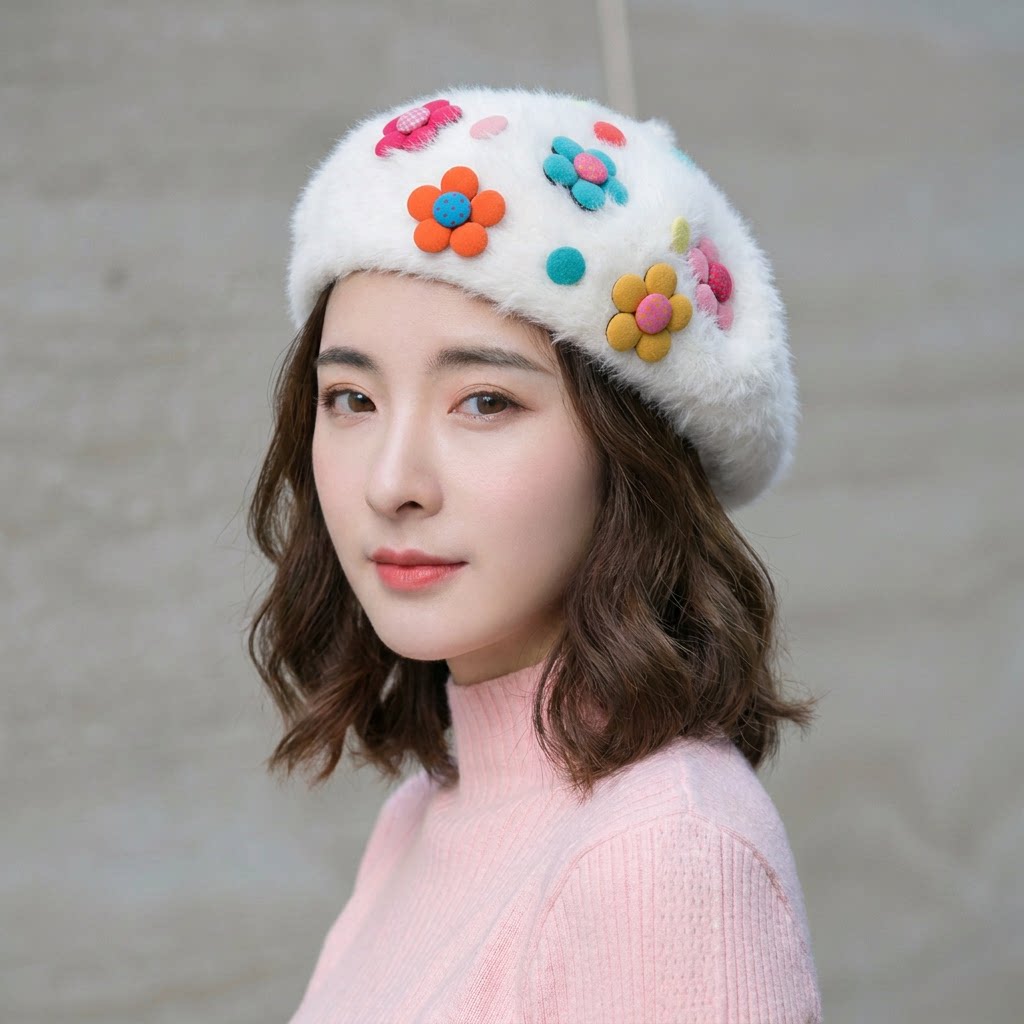 秋冬韩版甜美长兔毛绒贝雷帽