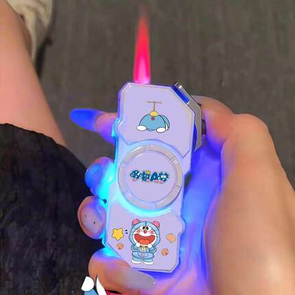 卡通哆啦A梦闪灯陀螺打火机炫酷蓝焰可旋转潮玩礼物卡通图案创意