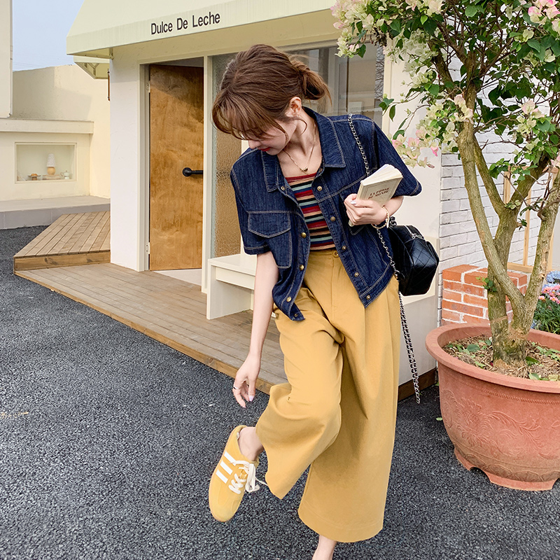时尚洋气薄款牛仔上衣套装女夏季新款小个子显瘦吊带阔腿裤三件套