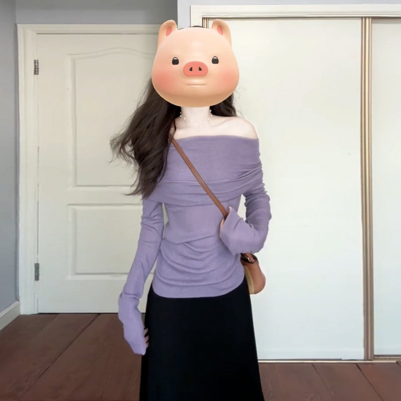 法式紫色一字肩连衣裙子女早秋季2025新款韩系小个子穿搭套装长裙