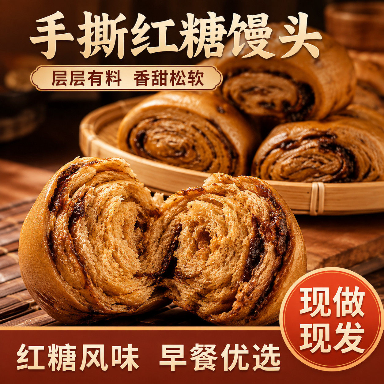 红糖馒头手撕馒头手工早餐半成品加热即食批发速食速冻馒头批发