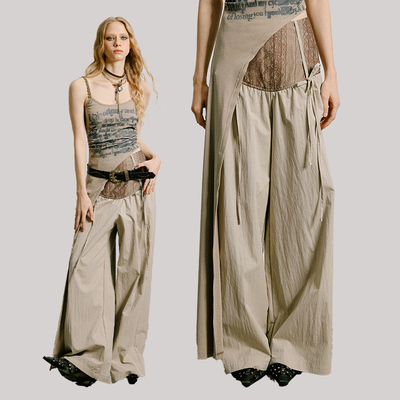 uss美式不规则蕾丝拼接阔腿裤女高腰显瘦个性设计上衣百搭套装