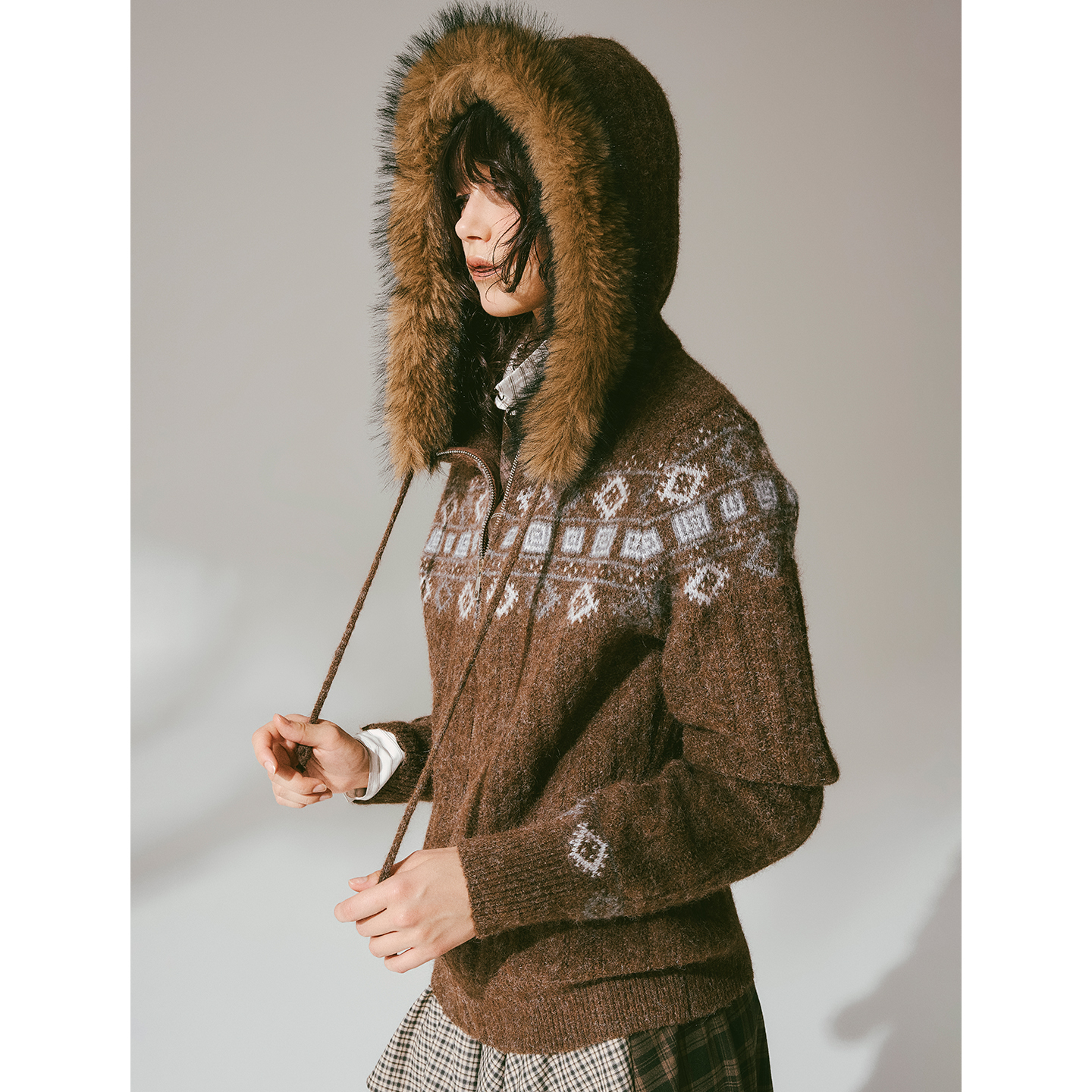 USS 费尔岛提花毛衣女秋冬毛领复古宽松显瘦保暖针织连帽开衫外套