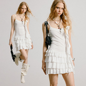 uss新款 法式 白色甜美方领背心多层吊带连衣裙女收腰显瘦气质短裙