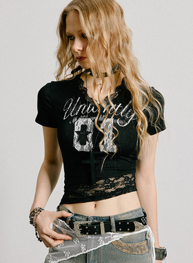 uss美式辣妹镂空蕾丝拼接短款上衣修身显瘦正肩短袖T恤