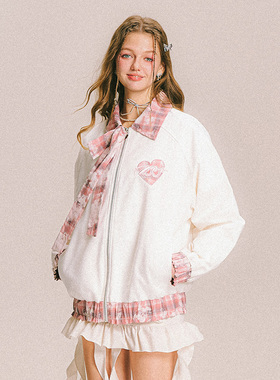 uss美式复古格子刺绣学院风翻领外套女宽松休闲百搭长袖上衣甜美